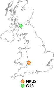 Distance between NP25 and G13 - postcode-info.co.uk