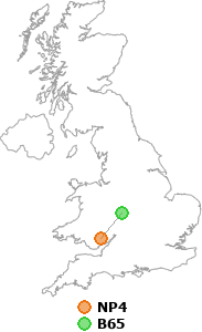 map showing distance between NP4 and B65