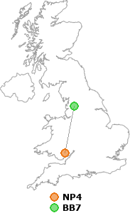 map showing distance between NP4 and BB7