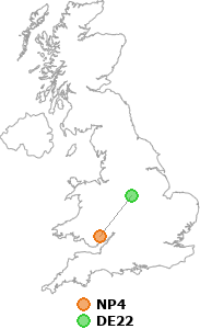 map showing distance between NP4 and DE22