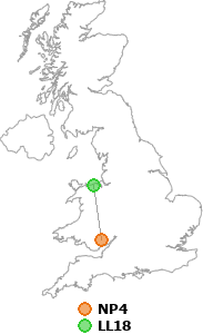 map showing distance between NP4 and LL18