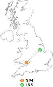 map showing distance between NP4 and LN5