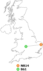 map showing distance between NR14 and B61