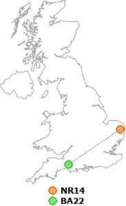 map showing distance between NR14 and BA22