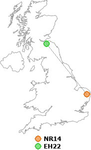 map showing distance between NR14 and EH22