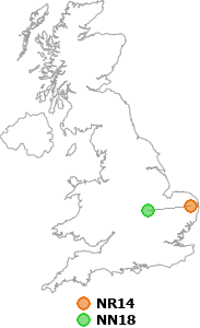 map showing distance between NR14 and NN18