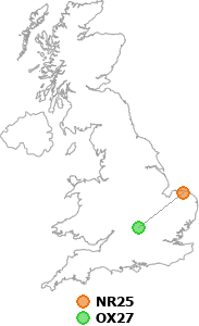 map showing distance between NR25 and OX27