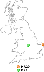 map showing distance between NR29 and B77