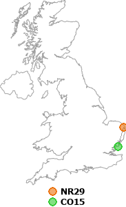 map showing distance between NR29 and CO15