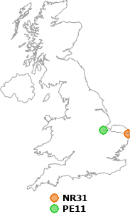 map showing distance between NR31 and PE11