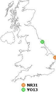 map showing distance between NR31 and YO13