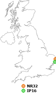 map showing distance between NR32 and IP16