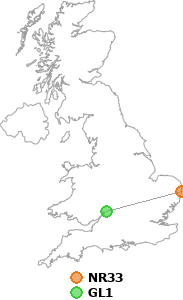 map showing distance between NR33 and GL1