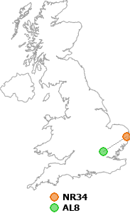 map showing distance between NR34 and AL8