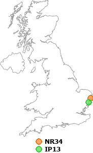 map showing distance between NR34 and IP13