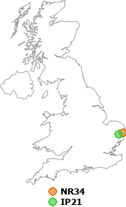 map showing distance between NR34 and IP21