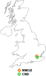 map showing distance between NW10 and CR0