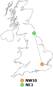 map showing distance between NW10 and NE3