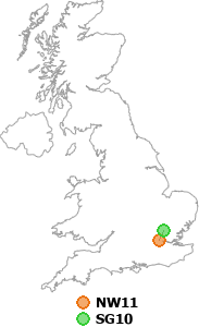 map showing distance between NW11 and SG10