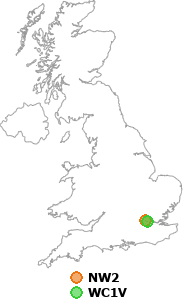 map showing distance between NW2 and WC1V