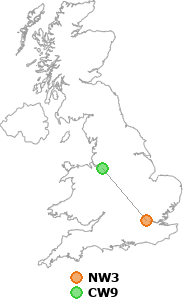 map showing distance between NW3 and CW9