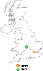 map showing distance between NW9 and B98