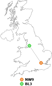map showing distance between NW9 and BL3