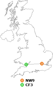 map showing distance between NW9 and CF3