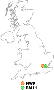 map showing distance between NW9 and RM14