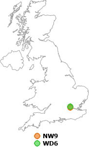 map showing distance between NW9 and WD6
