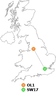 map showing distance between OL1 and SW17