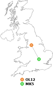 map showing distance between OL12 and MK5
