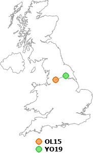 map showing distance between OL15 and YO19