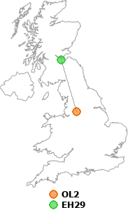 map showing distance between OL2 and EH29