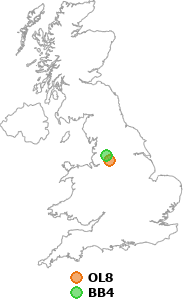 map showing distance between OL8 and BB4