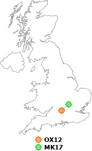 map showing distance between OX12 and MK17