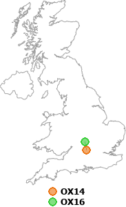 map showing distance between OX14 and OX16
