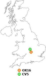 map showing distance between OX16 and CV5