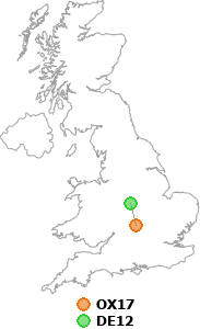 map showing distance between OX17 and DE12