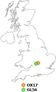 map showing distance between OX17 and GL56