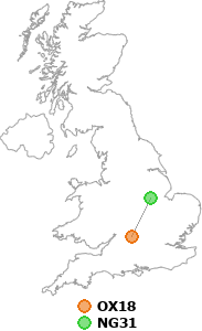 map showing distance between OX18 and NG31