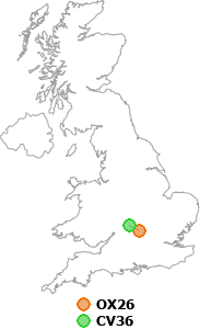 map showing distance between OX26 and CV36