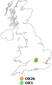 map showing distance between OX26 and OX3