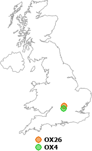 map showing distance between OX26 and OX4
