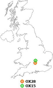 map showing distance between OX28 and OX15