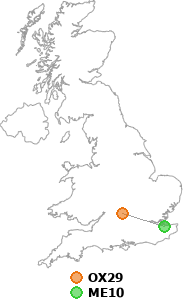 map showing distance between OX29 and ME10