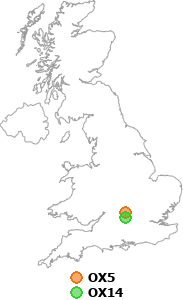 map showing distance between OX5 and OX14