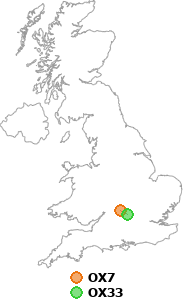 map showing distance between OX7 and OX33