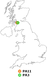 map showing distance between PA11 and PA3