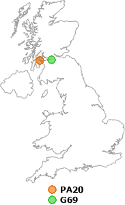 map showing distance between PA20 and G69